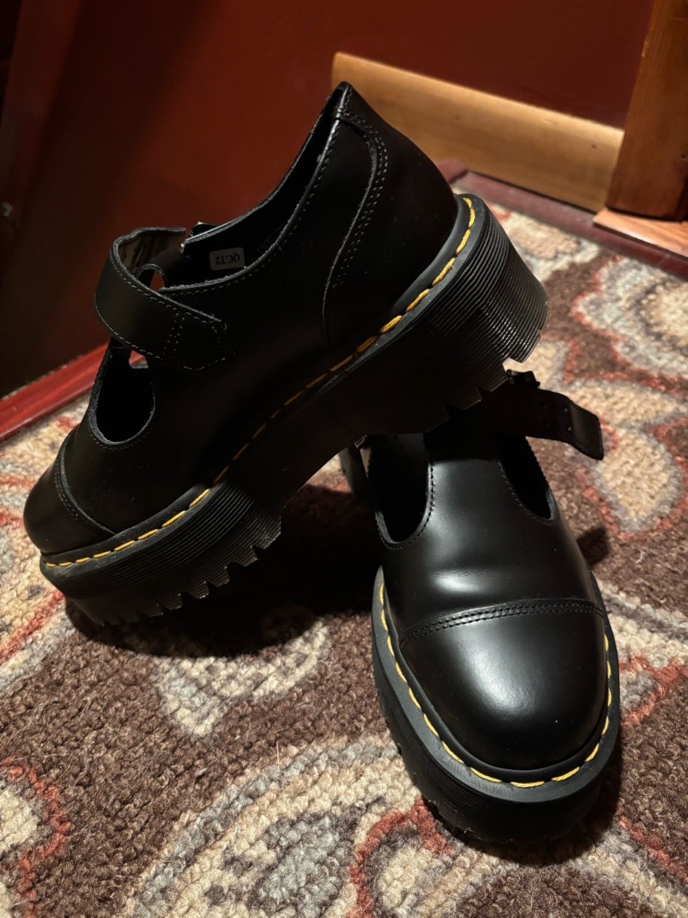 Dr. Martens Womens Black T-Strap Mary Jane Shoes with Yellow Stitching - Picture 3 of 7